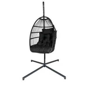 Rattan Hanging Egg Chair, Patio Swing Egg Chair With Stand, Soft Cushion Garden Hammock Chair - Gray