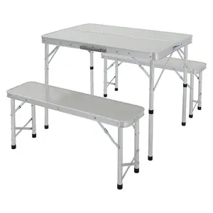 90cm L Aluminum Portable Foldable Outdoor Garden Camping Table and Benches Set, Brushed Silver