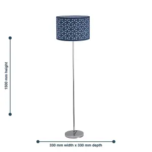 First Choice Lighting Chrome Stick Floor Lamp with Navy Blue Laser Cut Shade