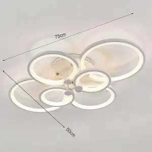 Modern 6 Circular White Metal and Acrylic LED Semi Flush Ceiling Light Fixture for Nordic Decor, Dimmable