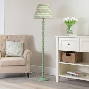 ValueLights Bobbles Sage Green Bobbin Floor Lamp with Pink Aztec Pleated Shade