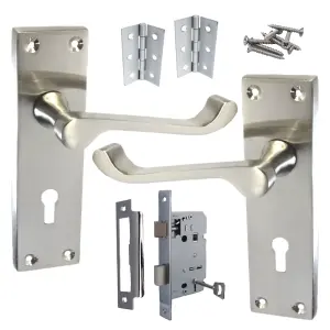 Door Handles Victorian Scroll Lever Lock - Satin Pack Hinges 150 x 40mm