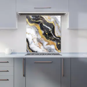 White Backed With Gold Marble Effect Premium Glass Kitchen Splashback W700mm x H750mm