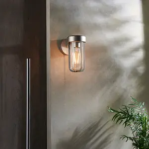 Brushed Silver Outdoor Wall Light with Clear Glass Shade - IP44 Rated - LED Bulb