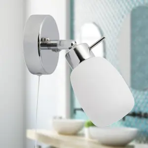 First Choice Lighting Brom Chrome Opal Glass IP44 Pull Cord Bathroom Wall Spotlight