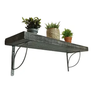 Solid Wood Handmade Rustical Shelf Monochrome 225mm 9 inch with Silver Metal Bracket TRAMP Length of 240cm