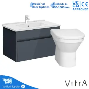 VitrA 800mm Wall Hung Bathroom Vanity Unit with 1 Drawer Includes Basin, Chrome Tap and Back to Wall Toilet - Grey Gloss