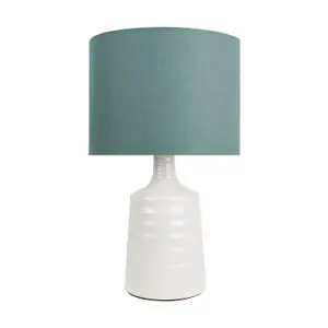 First Choice Lighting Set of 2 Ripple Off White Ribbed Ceramic Table Lamps with Teal Fabric Shades