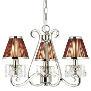 Esher Ceiling Pendant Chandelier Nickel Crystal & Brown Shades 3 Lamp Light