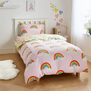 Catherine Lansfield Bedding Rainbow Hearts Cosy Fleece Reversible Duvet Cover Set with Pillowcase Pink