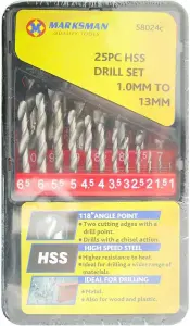 25Pc Hss Dril Set 1Mm To 13Mm Metal Wood Masonry Brick In Case Power Tools