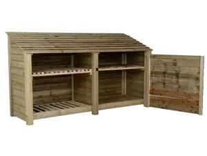 Wooden tool and log store, garden storage with shelf W-227cm, H-126, D-88cm - natural (light green) finish