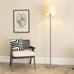 ValueLights Heather Grey Wood Stem Floor Lamp with Scallop White Trim Tapered Shade and LED Bulb