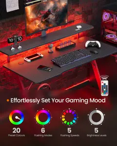 SONGMICS HOME Gaming Desk with LED Lights, Z-Shaped Computer Desk with Monitor Stand, Cup Holder and Headphone Hook