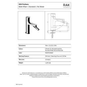 RAK Positano Bidet Brushed Gold Modern Bidet Tap Solid Brass