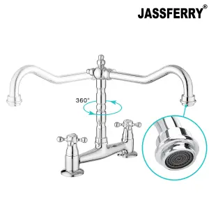 JASSFERRY French Bridge Mixer Tap Fixed 2 Hole Kitchen Sink Faucet Crosshead Handles Chrome