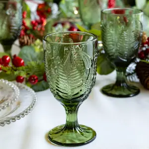 Set of 4 Vintage Luxury Green Embossed Wine Glass Goblets & Trailing Leaf Drinking Tumbler Glasses 230ml