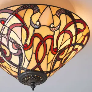 Tiffany Glass Flush Ceiling Light - Dimmable LED Lamp - 2 x 60W E27 GLS Required