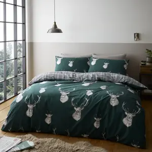 Stag Check Reversible Duvet Cover Set with Pillowcases Green / Double Duvet Cover + 2 Standard Pillowcases