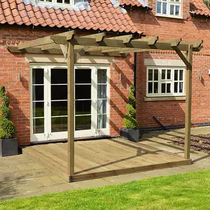 Wall Mounted Garden Pergola and Decking Kit - Wood - L480 x W480 cm - Rustic Brown