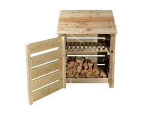 Slatted wooden log store with door and kindling shelf W-99cm, H-126cm, D-88cm - natural (light green) finish