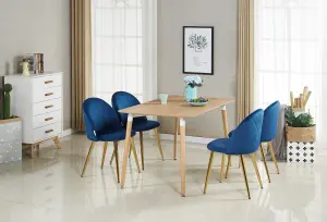 Lucia Dallas Dining Table and Chairs Set of 4, an Oak Dining Table & Set of 4 Blue Velvet Dining Chairs, Dining Set