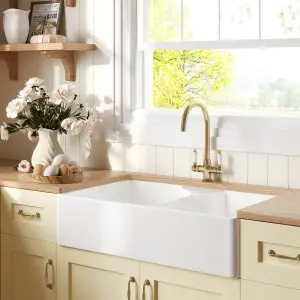 Fireclay Kitchen Bundle - Double Bowl Butler Sink, 2 x Wastes & Mono Lever Tap, 895mm - Brushed Brass - Balterley