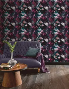 Arthouse Floral Collage Plum & Teal Wallpaper