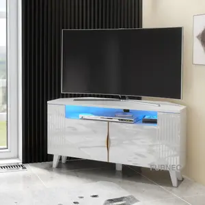 Furneo White Corner TV Stand 100cm Unit Cabinet Matt & High Gloss Azzurro06 Brushed Gold Handles Blue LED Lights