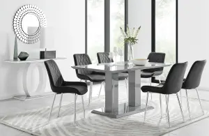 Imperia Grey High Gloss 6 Seater Dining Table with Structural 2 Plinth Column Legs 6 Black Velvet Silver Leg Pesaro Chairs