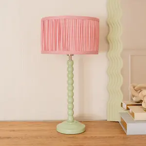 ValueLights Bobbins Sage Green Table Lamp with Ruched Pleated Blush Pink Drum Lamp Shade and LED Bulb