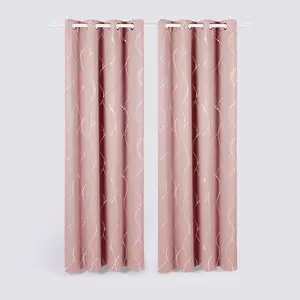 Deconovo Eyelet Thermal Blackout Curtains, Silver Wave Foil Printed Curtains for Kids Bedroom, 66 x 54 Inch, Pink, 2 Panels