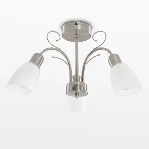 ValueLights Newlyn Modern 3 Way Silver Brushed Chrome Ceiling Light Fitting with White Frosted Glass Shades