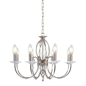 8 Bulb Chandelier Cut Glass Droplets Curved Stem Polished Nickel LED E14 60W