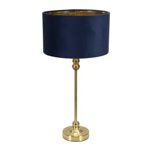 ValueLights Maggie Gold Candlestick Table Lamp with Navy Blue Velvet with Gold Inner Lamp Shade