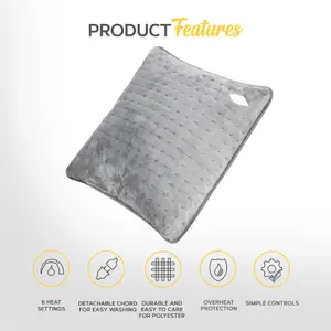 MONHOUSE Heated Pillow Grey Cushion - Heating Pad For Neck Back Shoulder Pain Relief Detachable Controller 3 Settings 45X45cm