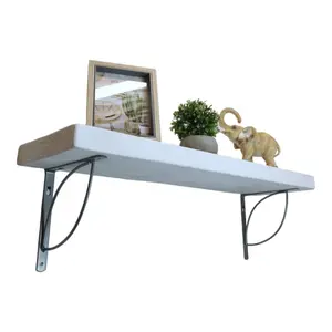 Solid Wood Handmade Rustical Shelf White 175mm 7 inch with Silver Metal Bracket TRAMP Length of 170cm