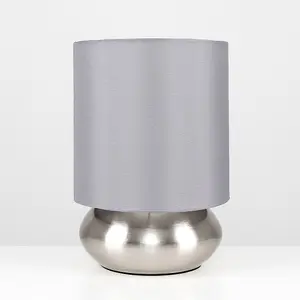 ValueLights Pair of - Chrome Touch Table Lamps with Grey Shades - Complete with 5w LED Dimmable Candle Bulbs 3000K Warm White