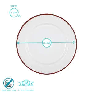 Argon Tableware - White Enamel Dinner Plates - 25.5cm - Red - Pack of 6