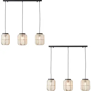 2 PACK Hanging Ceiling Pendant Light - Natural Linen Dark Plywood & Matt Black - 3 X 10W LED E27