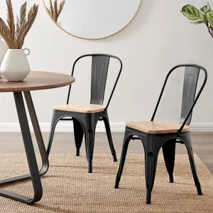 Furniturebox Set of 2 Black Colton Tolix Style Stackable Industrial Metal Dining Chair With Pine Seat