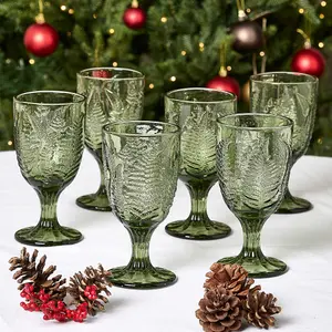 Set of 6 Vintage Luxury Green Leaf Embossed Drinking Wine Glass Wine Goblets 230ml