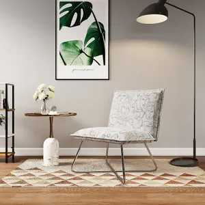 White Modern Linen Accent Chair with Metal Base