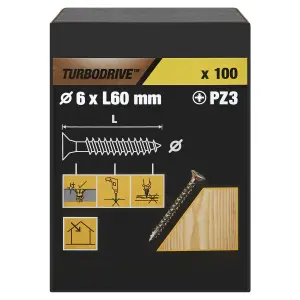 TurboDrive PZ Double-countersunk Yellow-passivated Steel Wood screw (Dia)6mm (L)60mm, Pack of 100