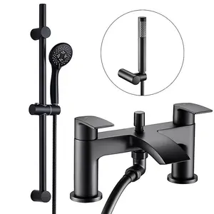 Round Matt Black Bath Mixer Shower Waterfall Tap Deck Mounted + Riser Rail