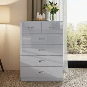 Grey Gloss 6 Drawer 4+2 Chest Of Drawers Bedroom Furniture