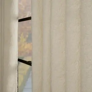 Teddy Fleece Eyelet Curtains Thermal Pair Ready Made, Cream - 46" x 72"