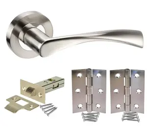 Golden Grace 1 Set Astrid Design Chrome Door Handles on Rose, Dual Finish Lever Latch, Tubular Latch, Hinges