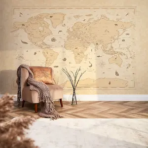 Vintage World Map Mural In Natural (350cm x 240cm)