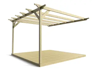 Wall mounted pergola and decking complete diy kit, Sculpted design (3.6m x 3.6m, Light green (natural) finish)